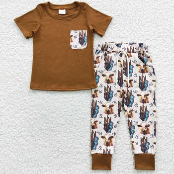 Wholsale Western Infant Baby Boy Outfit Детская Коричневая хлопчатобумажная рубашка с короткими рукавами, футболка для малышей, Комплект брюк с карманами из коровьего кактуса