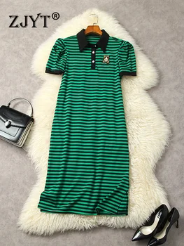 ZJYT, Летние полосатые Повседневные Спортивные платья-футболки для женщин 2023, отложной воротник, Свободная талия, Vestidos, Модная уличная одежда, Зеленый
