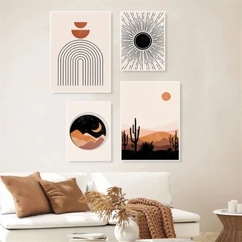 Абстрактная винтажная картина на холсте с Солнцем и Луной, плакат с радугой, современная художественная печать, Геометрическая линия, Настенная картина для декора гостиной