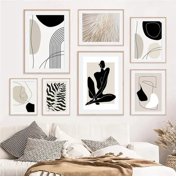 Абстрактная геометрическая графическая линия в стиле бохо, женская картина на холсте, плакат и принты для украшения гостиной, картина для домашнего декора
