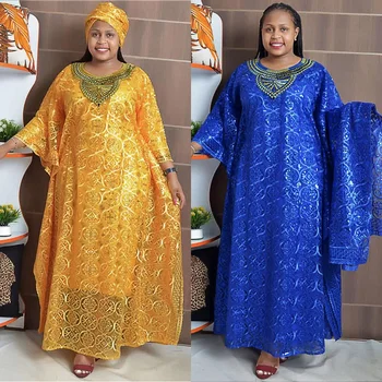 Африканские Кружевные Платья для Женщин, Элегантные Открытые Новые Мусульманские Модные Абайи, Халат Дашики, Кафтан, Длинное Платье Макси с Повязкой на голову