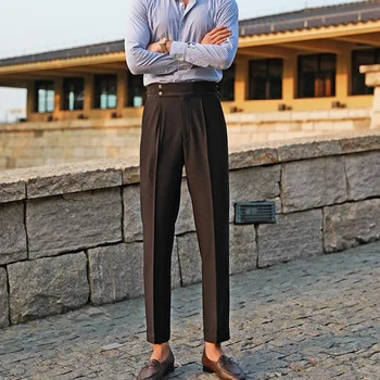 Белые прямые брюки для отдыха с высокой талией, мужские универсальные офисные брюки, модные деловые итальянские Парижские брюки на пуговицах.