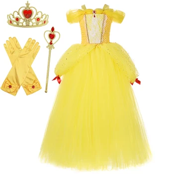Блестящее Длинное платье-пачка принцессы Диснея Белль для девочек, костюмы Красавицы и Чудовища, Праздничное бальное платье, Детская одежда, одежда для девочек