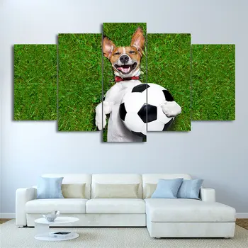 Большой плакат на холсте с HD-печатью, 5 панелей, Футбольная картина, изображения собак, играющих в тренажерном зале, Домашний декор, настенное искусство для гостиной