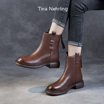 Ботинки TinaNehrling, кожаная женская обувь, осень и зима, ботинки на грубом каблуке в британском стиле в стиле ретро, Короткие ботинки