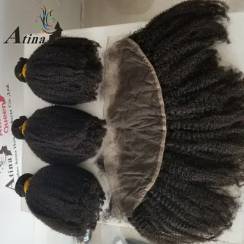 Бразильские пучки волос с предварительно выщипанными спереди Африканскими кудряшками, 3 пучка человеческих волос с кружевной застежкой спереди 13х4 Атина