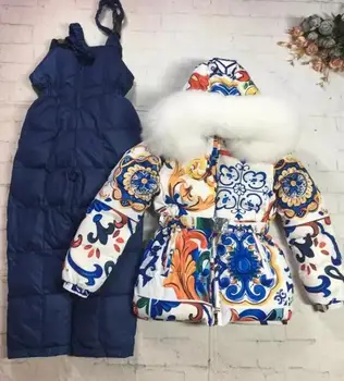 бренд 2022, Зимняя Куртка, Детские пуховики и брюки, утиный пух, Меховой комбинезон с капюшоном для девочек, костюм для мальчиков, комплект верхней одежды, лыжный костюм