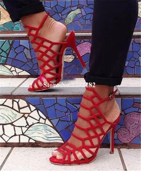 Брендовый дизайн, женские модные сандалии-гладиаторы из замши с открытым носком на шпильке, синие, красные сандалии на высоком каблуке с вырезами, модельные туфли