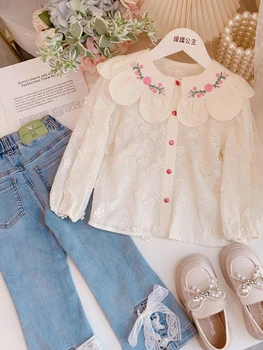 Весеннее платье-рубашка для девочек 2023, кружевная рубашка принцессы, Корейская детская одежда 2023, Весенние рубашки и блузки, топы