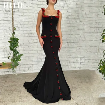 Вечерние платья JEHETH Black Mermaid, женские вечерние платья с 3D вишнями, сексуальное платье для выпускного вечера с открытой спиной, эластичный атласный квадратный вырез.