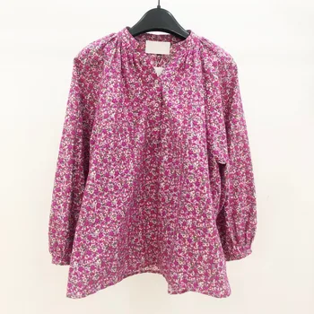 Винтажная модная рубашка с V-образным вырезом и цветочным принтом, со свободными рукавами-пузырями, стильная, темпераментная, маленькая рубашка