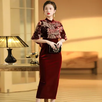 Винтажное Элегантное Вечернее Бархатное женское платье Qipao Cheong-sam в стиле ретро