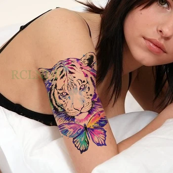 Водонепроницаемая временная татуировка Наклейка на тело синими чернилами тигр с бабочкой тату наклейки флэш тату поддельные татуировки для женщин и девочек