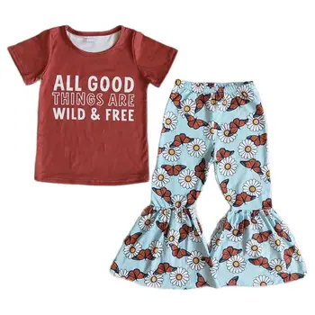 Все хорошее бесплатно Для маленьких девочек, детская одежда с буквами, Новый комплект одежды для малышей, детские весенние брюки с бабочками и колокольчиками