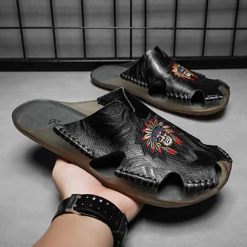 Высококачественная мужская обувь 2023 года, новые летние кожаные сандалии ручной работы Baotou, уличные пляжные сандалии на плоской подошве, повседневные и удобные