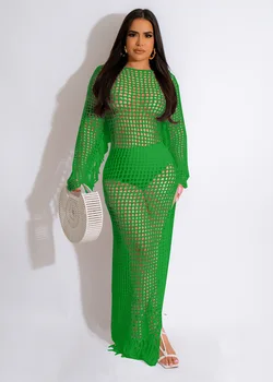 Вязаное открытое макси-платье, женское сексуальное прозрачное пляжное платье с длинным рукавом, купальник с разрезом сбоку, длинное платье для клубной вечеринки