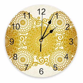 Декоративные круглые настенные часы с желтым цветком и пионом, дизайн с арабскими цифрами, не тикающие настенные часы, большие для спальни, ванной комнаты