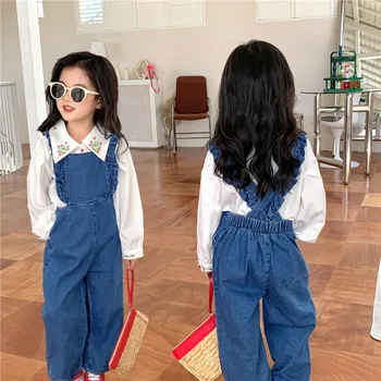 Демисезонный детский модный прямой универсальный джинсовый комбинезон в корейском стиле, повседневные брюки-нагрудники, комбинезон принцессы с оборками