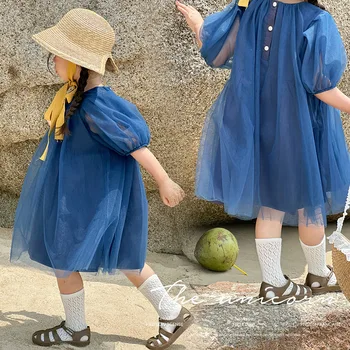 Детская одежда, ретро-платье с короткими рукавами для девочек, Лето 2023, Новое модное синее платье принцессы, повседневное газовое милое платье для девочек