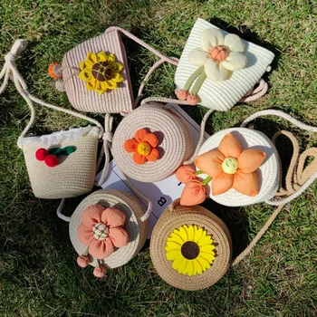 Детская повседневная сумка через плечо ручной работы, плетеная из соломы, милая мини-сумка-мессенджер с цветами, Модные аксессуары, детская сумка