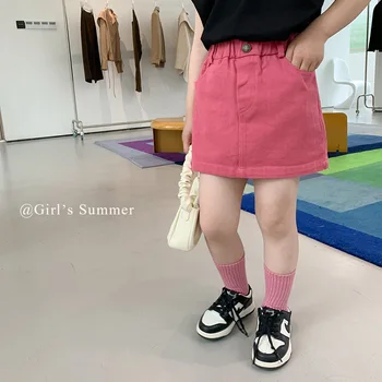 детская розовая джинсовая юбка, летняя детская мода в корейском стиле, модные юбки для девочек, джинсы, одежда для малышей, уличная одежда от 2 до 12 лет