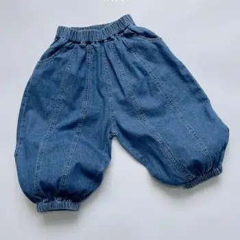 Детские однотонные джинсы, простые Универсальные свободные шаровары, модные джинсовые брюки с завязками на ногах для мальчиков, детские новые брюки-фонарики для девочек