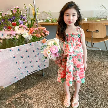 Детские платья-слипы для девочек с цветочным рисунком, летнее пляжное платье для девочек 2-8 лет