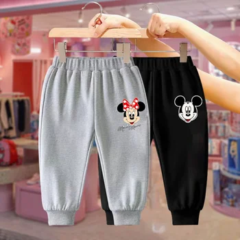 Детские повседневные спортивные штаны для мальчиков и девочек, детские брюки с мультяшным принтом Disney, Микки и Минни Маус, Черные, серые осенние спортивные штаны