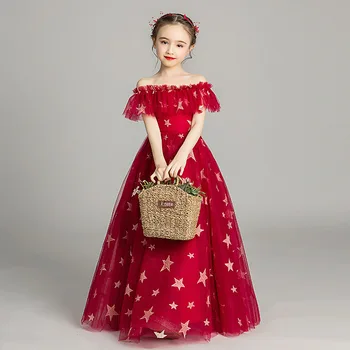 Детское платье, платье принцессы, свадебное платье с цветочным узором для девочек, пышная рубашка с надписью на плече, костюм пианиста