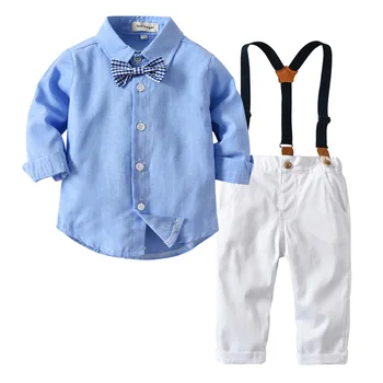 Джентльменский костюм на день рождения из 4 предметов для маленьких мальчиков, однотонная рубашка + бант на подтяжках, Детский осенне-весенний Официальный бутик на годовщину, роскошный комплект