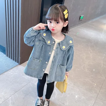 Джинсовая куртка для девочек от 1 до 6 лет, Корейский стиль, цветочный воротник, свободный тренч, Весна-осень, повседневная джинсовая верхняя одежда для девочек