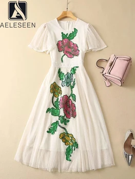 Дизайнерское Модное женское Летнее платье AELESEEN из высококачественной сетки С цветочной вышивкой и блестками, Элегантное Длинное Праздничное платье