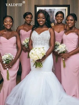 Длинные летние розовые атласные платья подружек невесты 