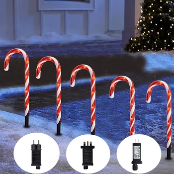 ЕС / Великобритания / США Plug Christmas Candy Cane Pathway Lights, Набор из 10 Рождественских Фонарей с 6 Лампочками, Наружные Габаритные огни для Дорожки