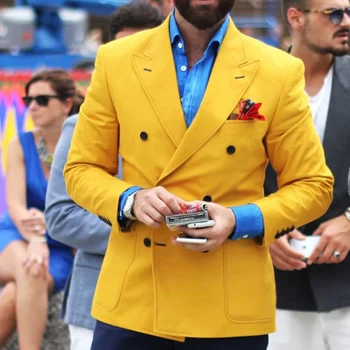 Желтый приталенный мужской блейзер, двубортные топы в итальянском модном стиле, пиджак для певца, сценическое мужское пальто, только 1 куртка