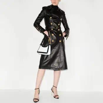 Женская атмосферная ветровка из искусственной кожи в стиле подиума, на шнуровке, выше колена, пальто в стиле Tide Sring, Осенняя одежда, облегающий тренч, пальто