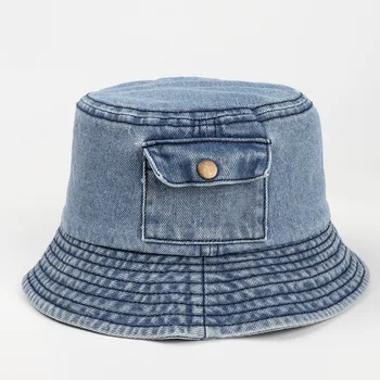 Женская летняя рыбацкая шляпа 2023, новая винтажная джинсовая шляпа с маленьким карманом, японская шляпа для мытья водой, солнцезащитный козырек от солнца