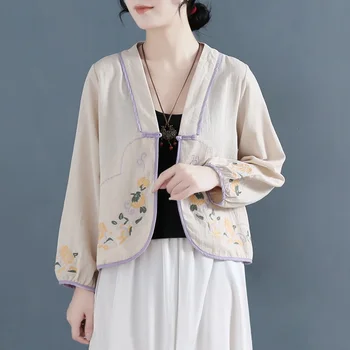 Женская традиционная одежда в китайском стиле, женские рубашки-кардиганы, винтажные пальто с вышивкой, куртки Hanfu, восточные топы KK4382