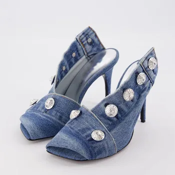 Женские джинсовые сандалии на пуговицах, туфли на шпильке с квадратным носком и высоком каблуке, Джинсовые тапочки, шлепанцы, шлепанцы-шлепанцы