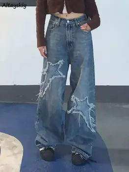 Женские джинсы S-4XL в стиле харадзюку, шикарная уличная одежда для бойфренда, простые американские ретро-брюки, широкие брюки, летняя мода для колледжа с низкой талией