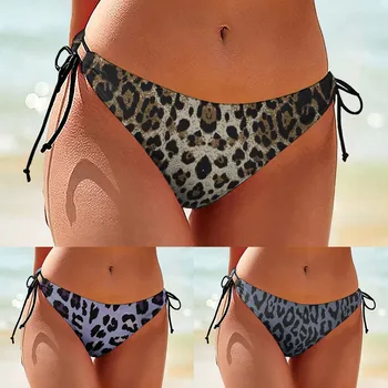 Женские плавки бикини с леопардовым принтом, завязывающиеся сбоку, бразильская пляжная одежда, сексуальный низ купальника.