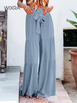 Женские свободные брюки Wixra с поясом, Эластичная Высокая талия, плиссированные повседневные женские широкие брюки, стильный низ