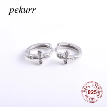 Женские серьги-кольца с круглым крестом из стерлингового серебра 925 пробы Pekurr, циркон, классические простые серьги-кольца с крестом, модный ювелирный подарок