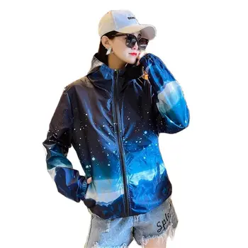 Женские солнцезащитные куртки с быстросохнущей защитой от ультрафиолета с капюшоном и принтом, Легкая уличная летняя солнцезащитная одежда, Женские ветровки 5XL