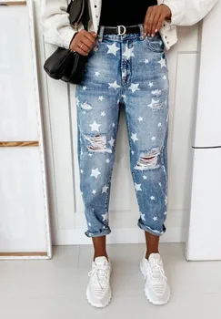 Женские хлопчатобумажные джинсы 2023 года, новые облегающие джинсы с рисунком в виде сломанной звезды, с высокой талией, повседневные модные женские джинсы