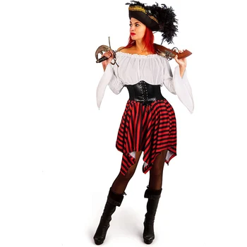 Женский костюм капитана пиратов Средневековый маскарадный костюм взрослой женщины Пояс Рубашка Повязка на голову Костюм для вечеринки на Хэллоуин Карнавал