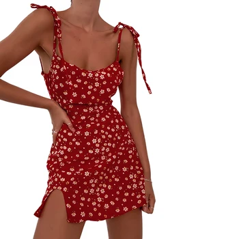 Женское винтажное мини-платье с цветочным принтом, на бретельках, без спинки, сексуальные платья с разрезом, женская летняя вечеринка в пляжном стиле