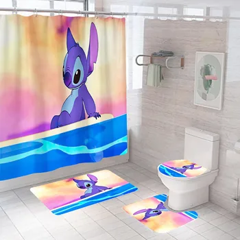 Занавеска для душа Disney 3D Lilo Stitch, водонепроницаемые занавески в ванную с набором крючков, мягкий коврик для ванны, Туалетный ковер, коврики