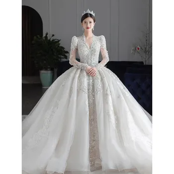 Зимнее свадебное платье с длинными рукавами 2023 Новое Роскошное свадебное платье принцев с V-образным вырезом, расшитое бисером Vestido De Noiva