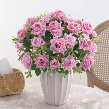 Искусственные цветы, букет из искусственных роз, реалистичный букет из 7 роз, долговечный свадебный декор, центральные принадлежности для стола.